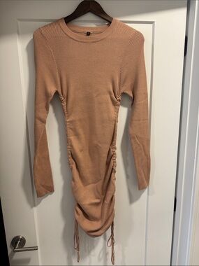 Long Sleeve Ruched Knit Dress in Beige - NEVER WORN
